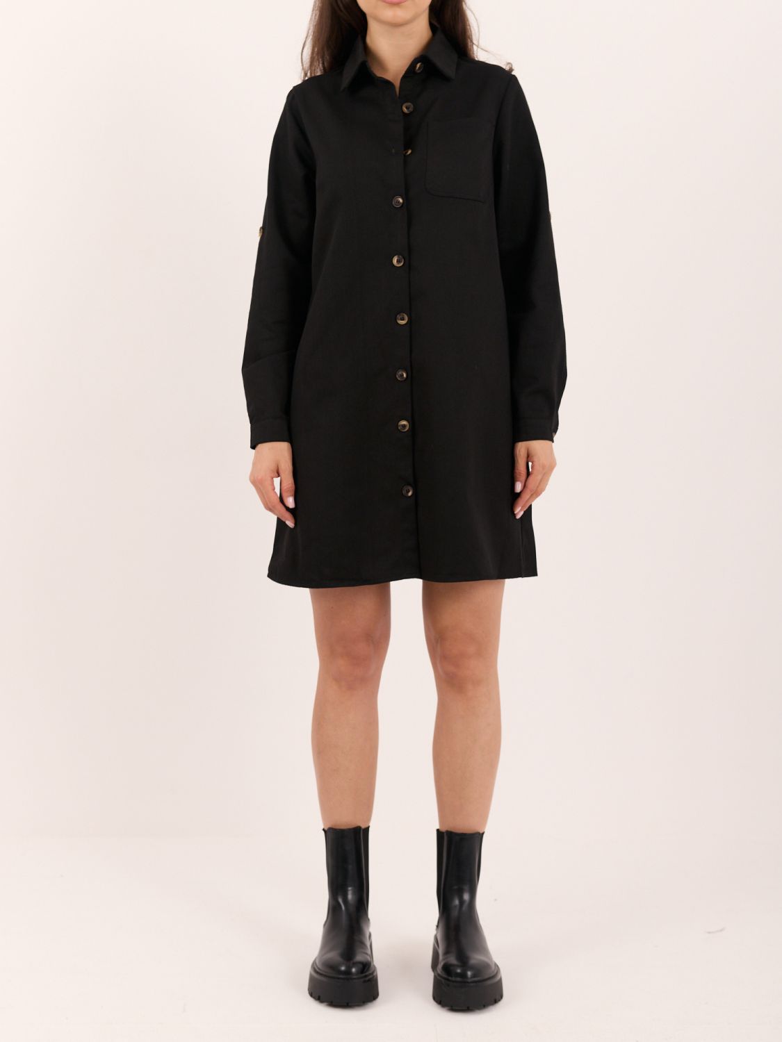 Schwarzes Hemdblusenkleid mit langen Ärmeln, Mini