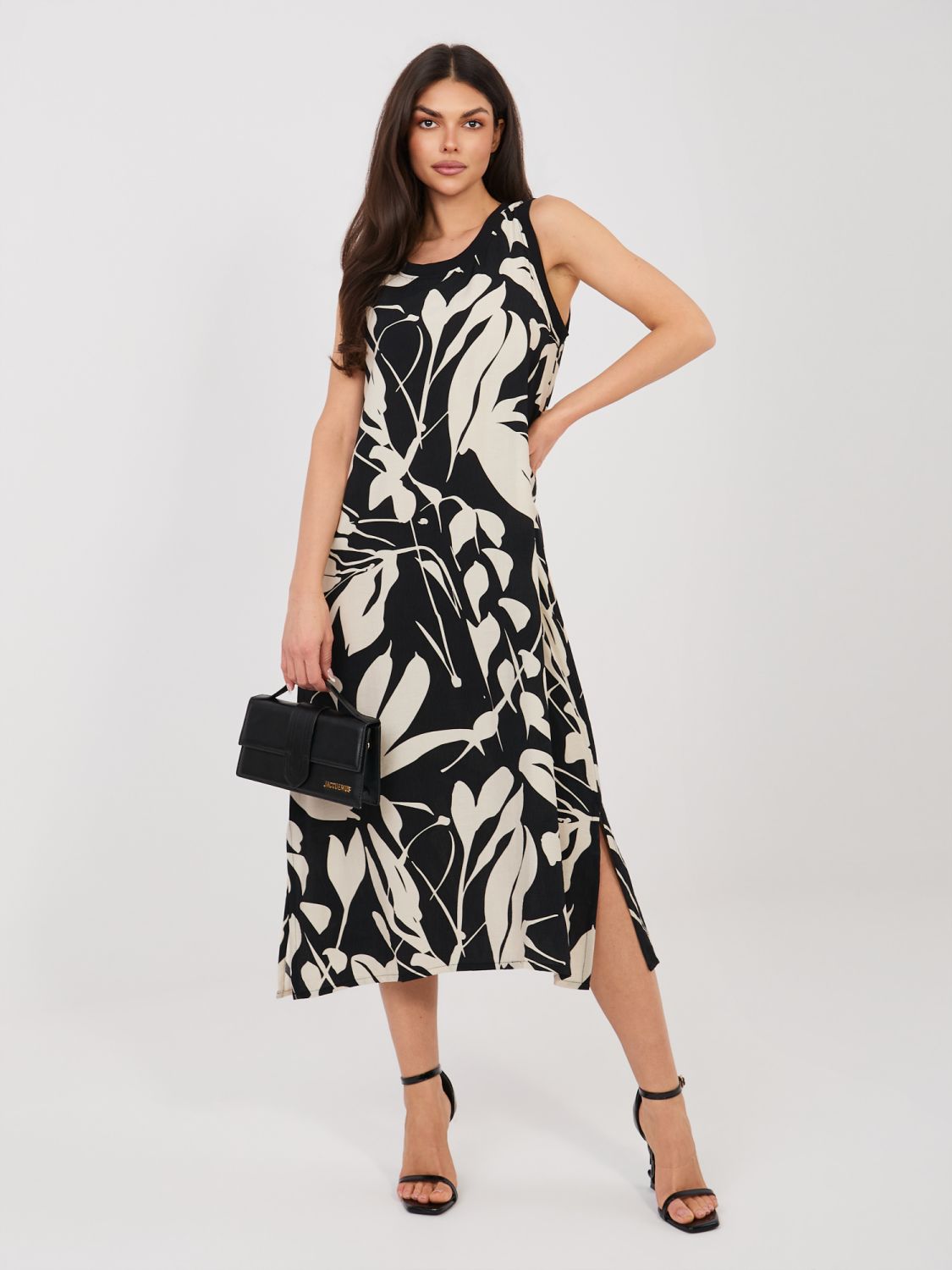 Schwarzes Midi-Sommerkleid mit Print