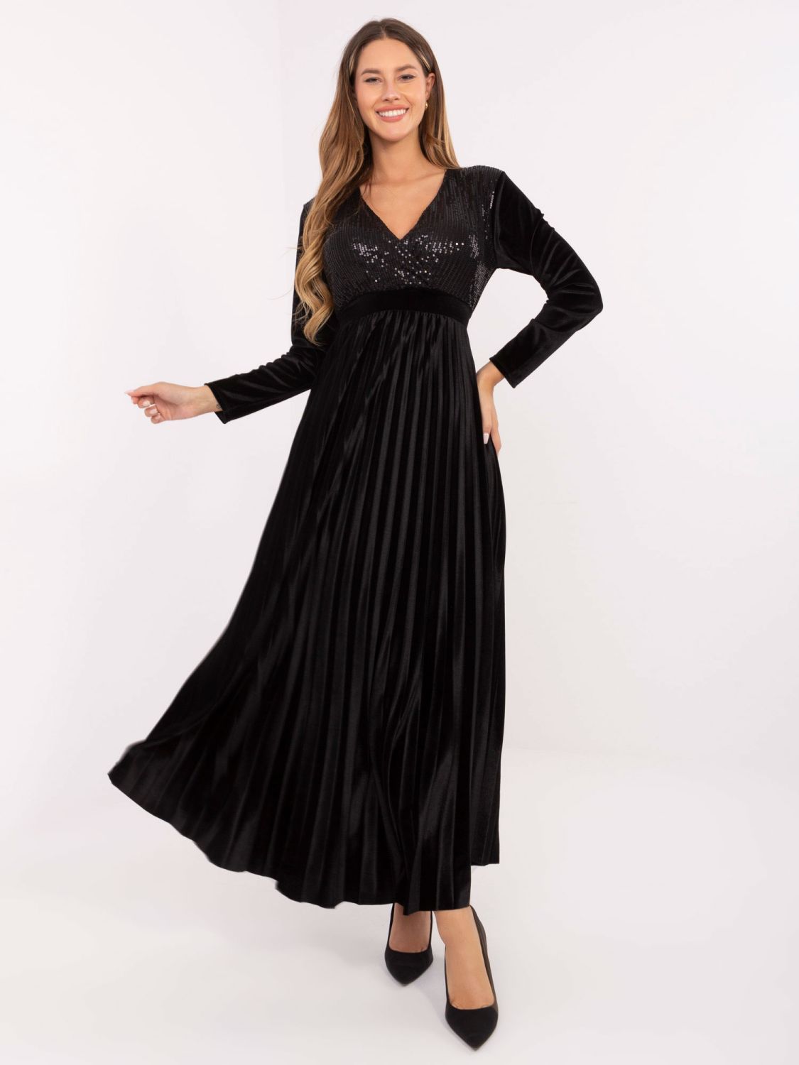 Schwarzes Maxi-Kleid mit Gürtel und Pailletten