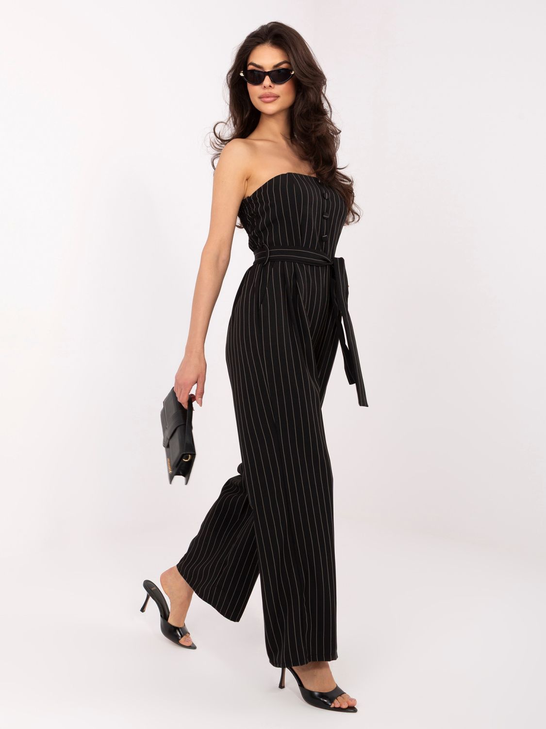 Schwarzer gestreifter Jumpsuit mit Gürtel und weitem Bein