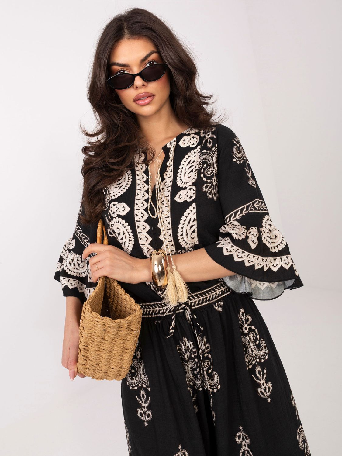 Damen-Set mit Print und Bindung, schwarz