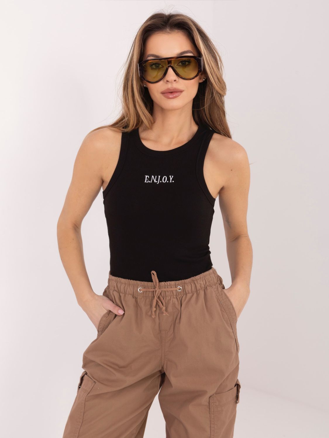 Schwarzes Baumwolltop mit Stickerei und Schriftzug