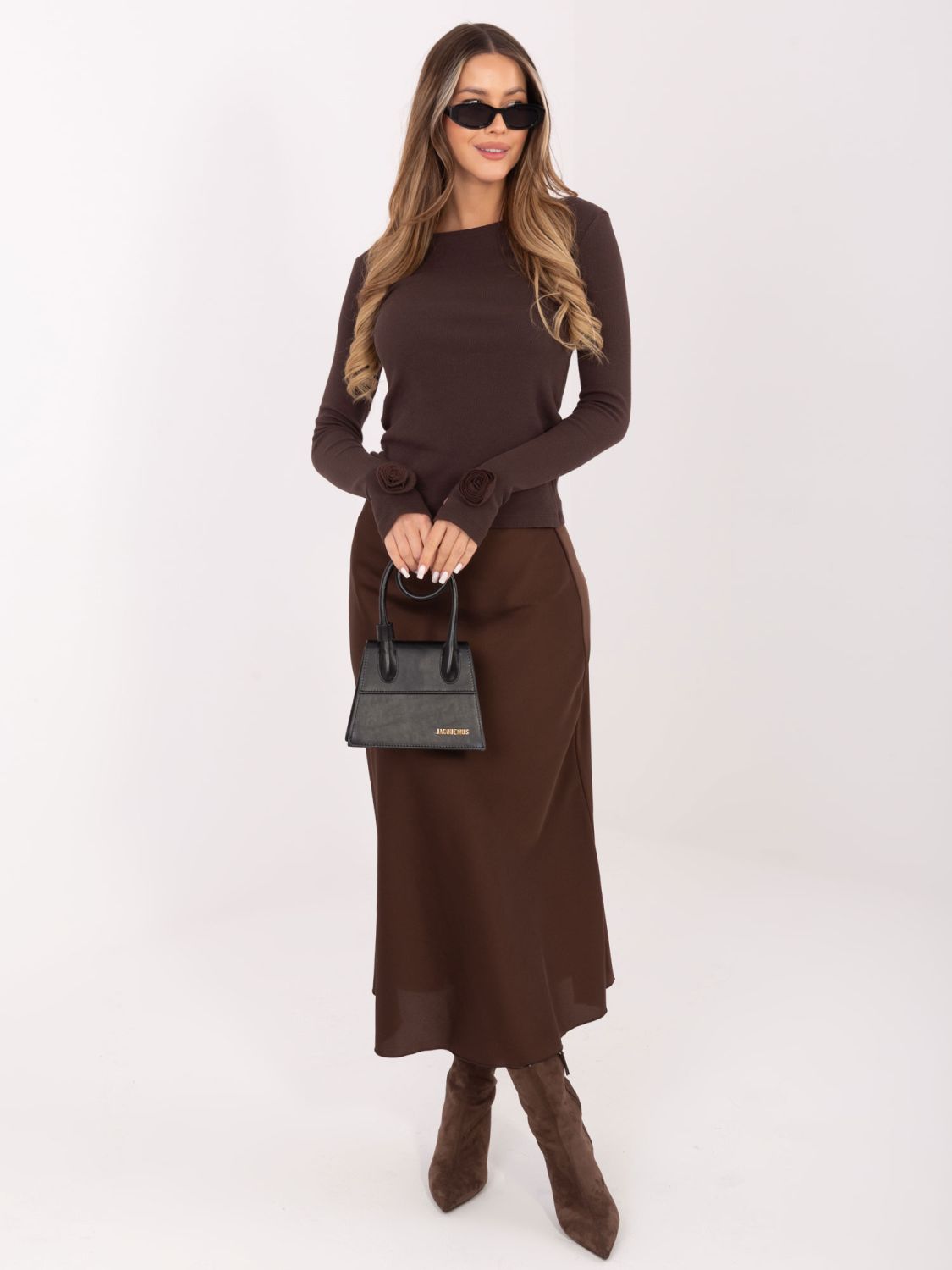 Braune, gerippte Bluse mit langen Ärmeln