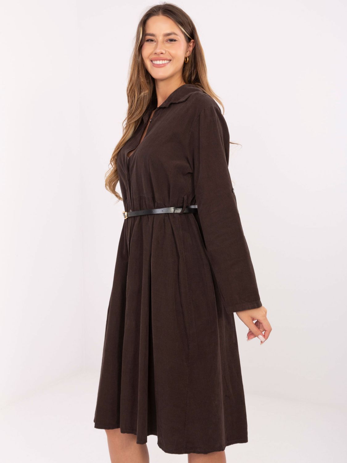 Braunes Hemdblusenkleid in Midi-Länge mit Gürtel