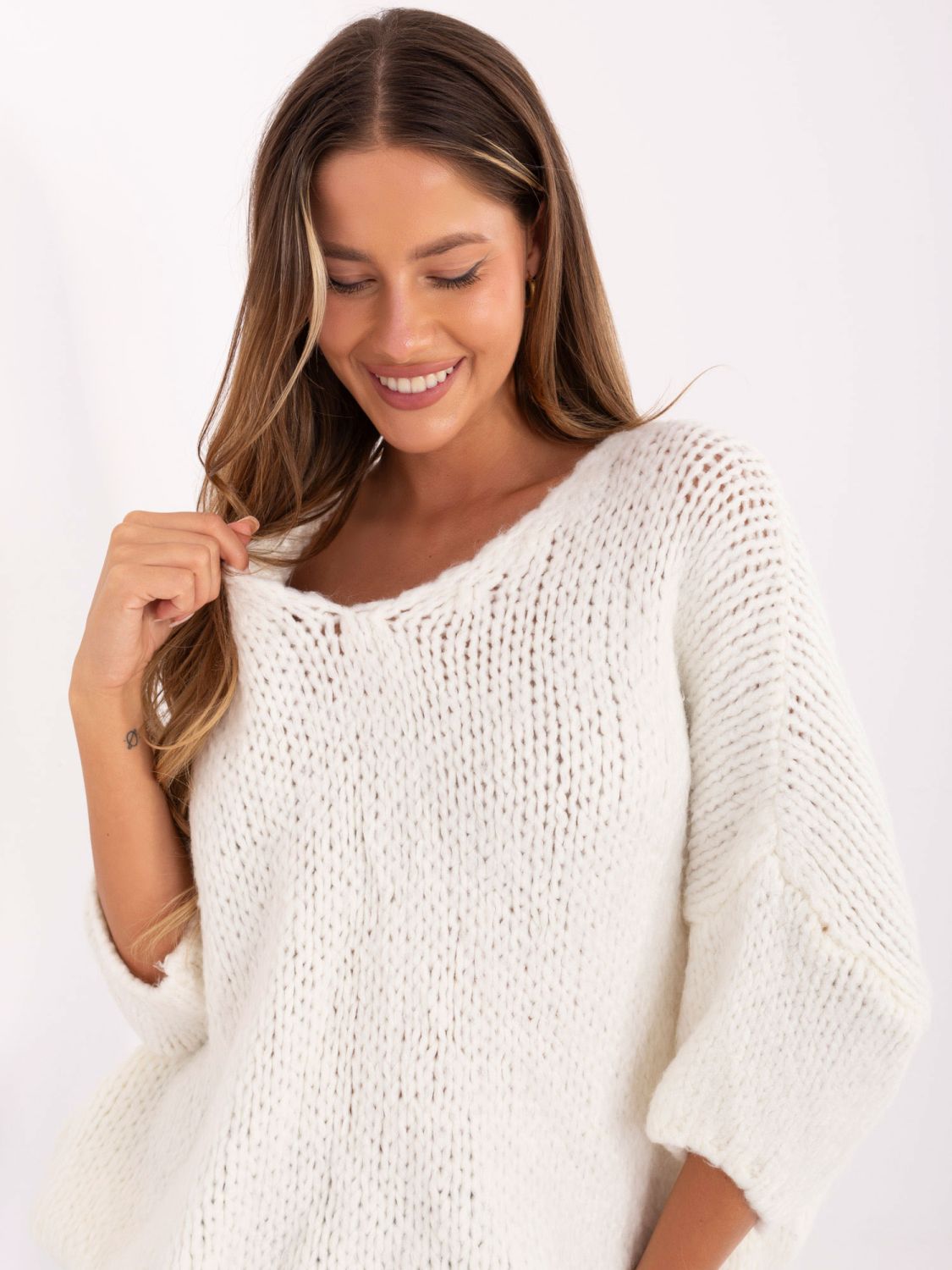 Eleganter ecru Pullover mit 3/4 Ärmeln