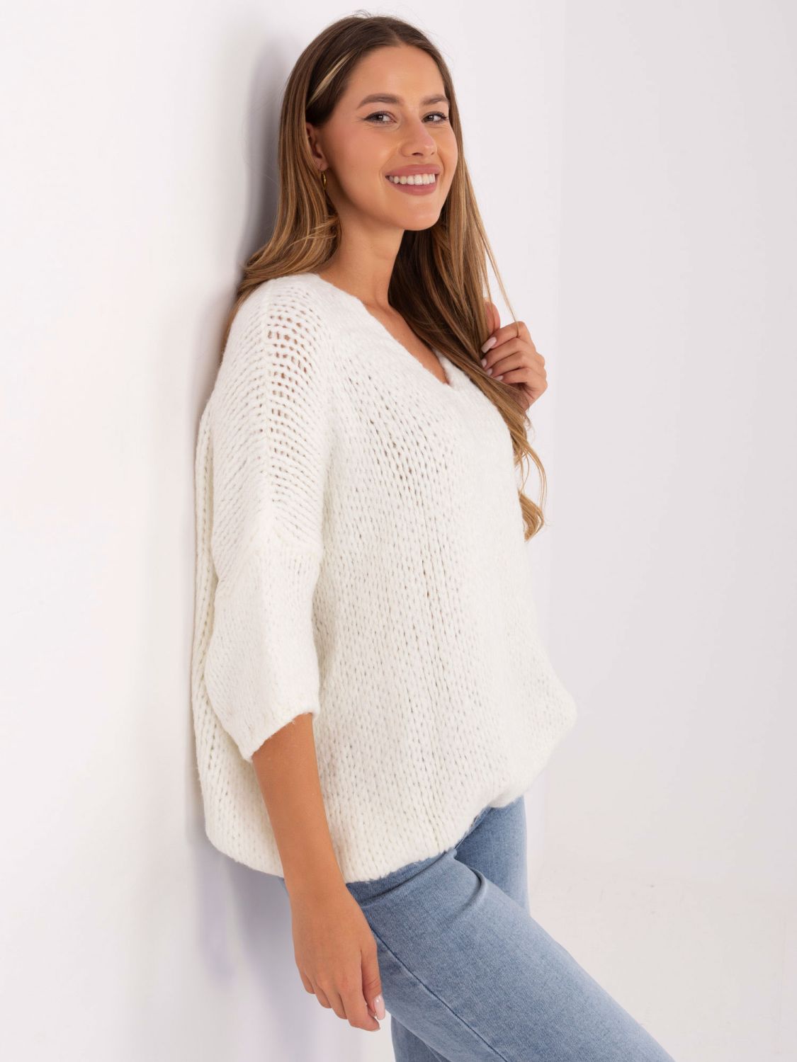 Eleganter ecru Pullover mit 3/4 Ärmeln