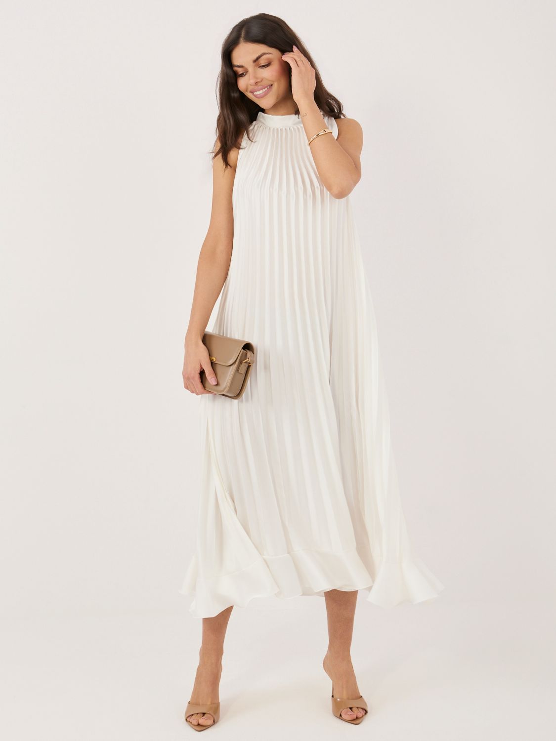 Elegantes Midi-Kleid mit Volant und Bindegürtel, ecru