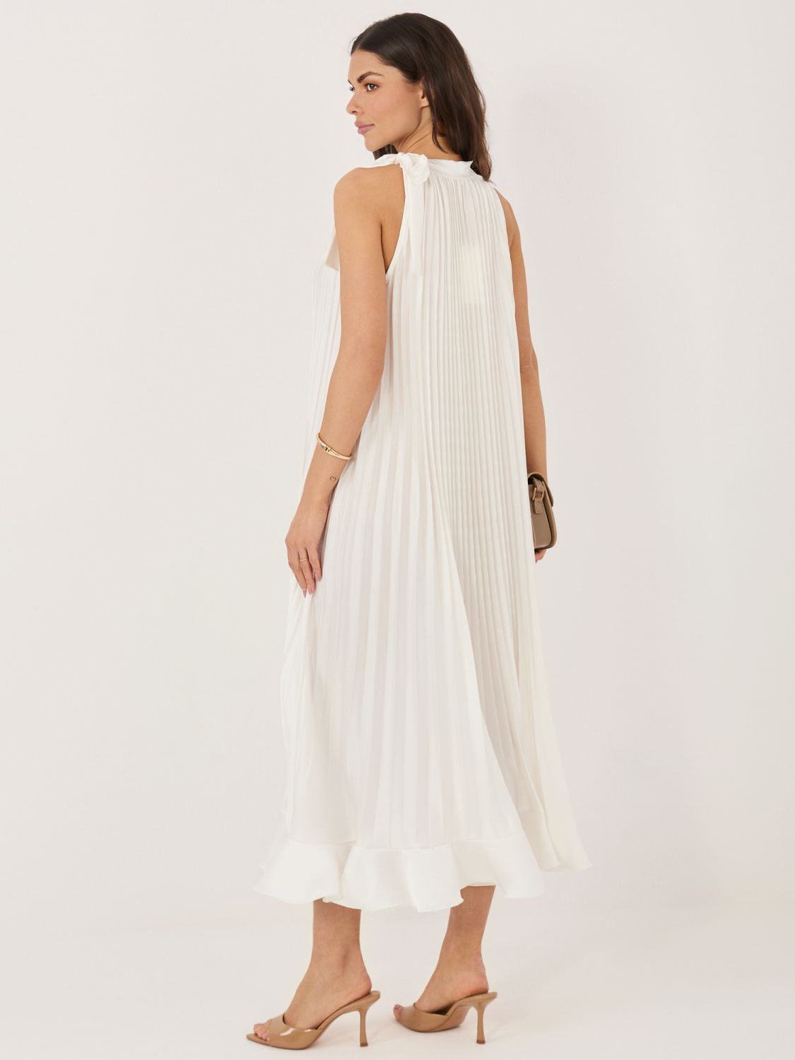 Elegantes Midi-Kleid mit Volant und Bindegürtel, ecru