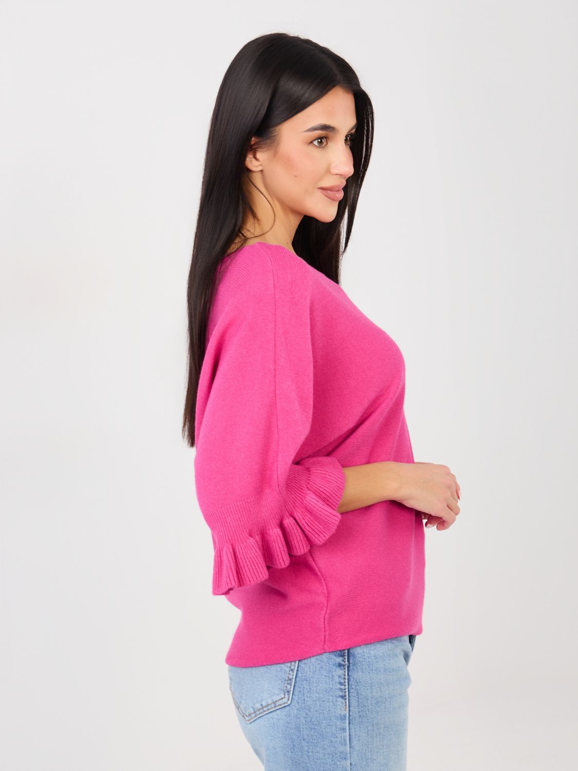 Eleganter fuchsiafarbener Pullover mit 3/4-Ärmeln und Volant
