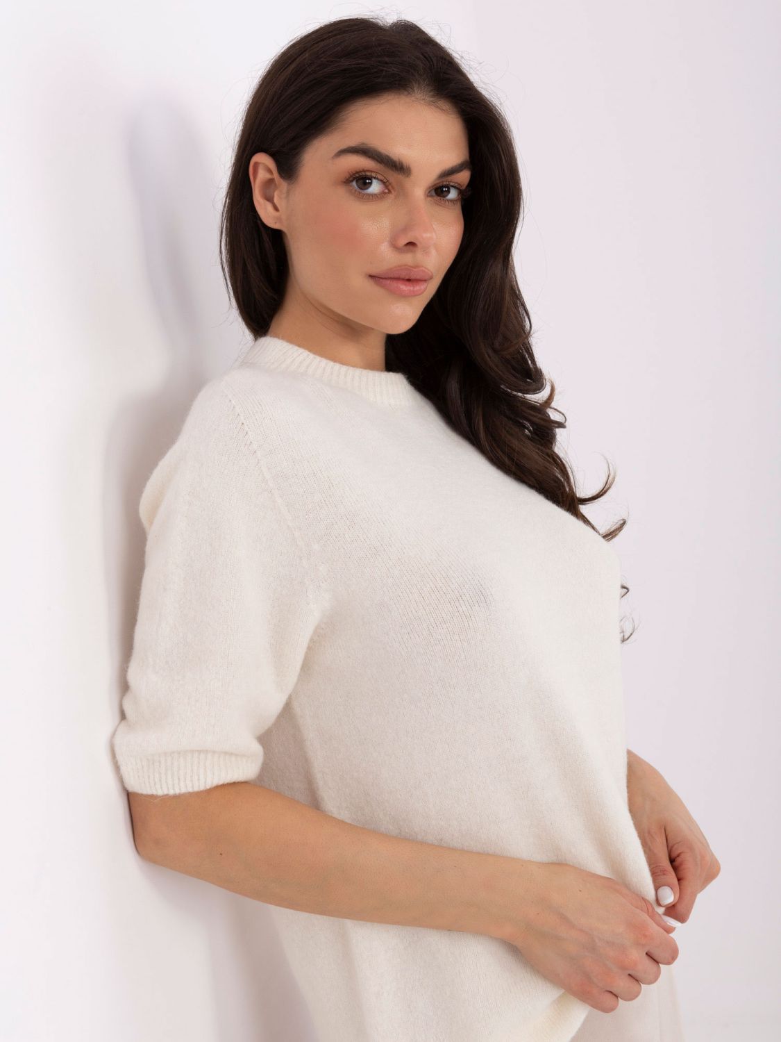 Beiger Kurzarm-Pullover aus Baby-Alpaka