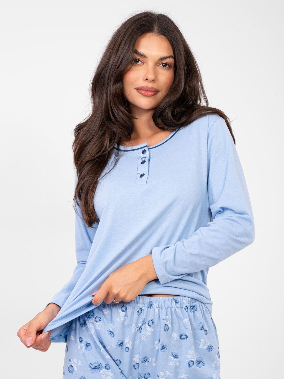 Damen Baumwoll-Pyjama mit Blumenmuster, blau