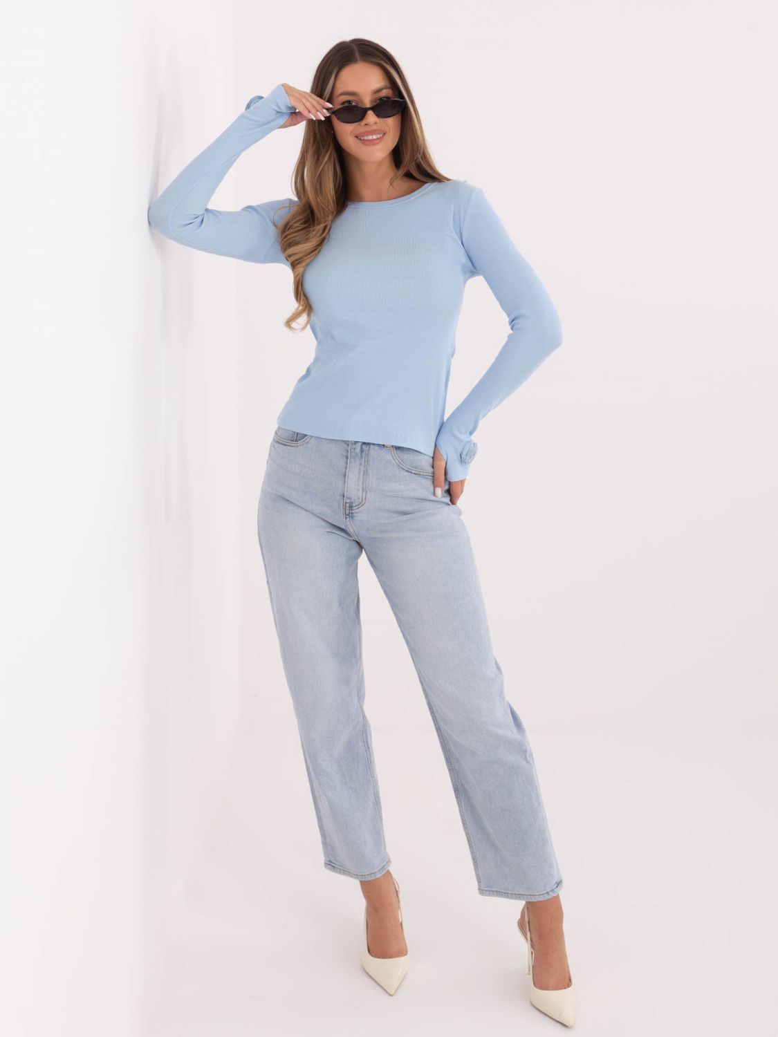 Damen-Rippbluse mit langen Ärmeln in Hellblau