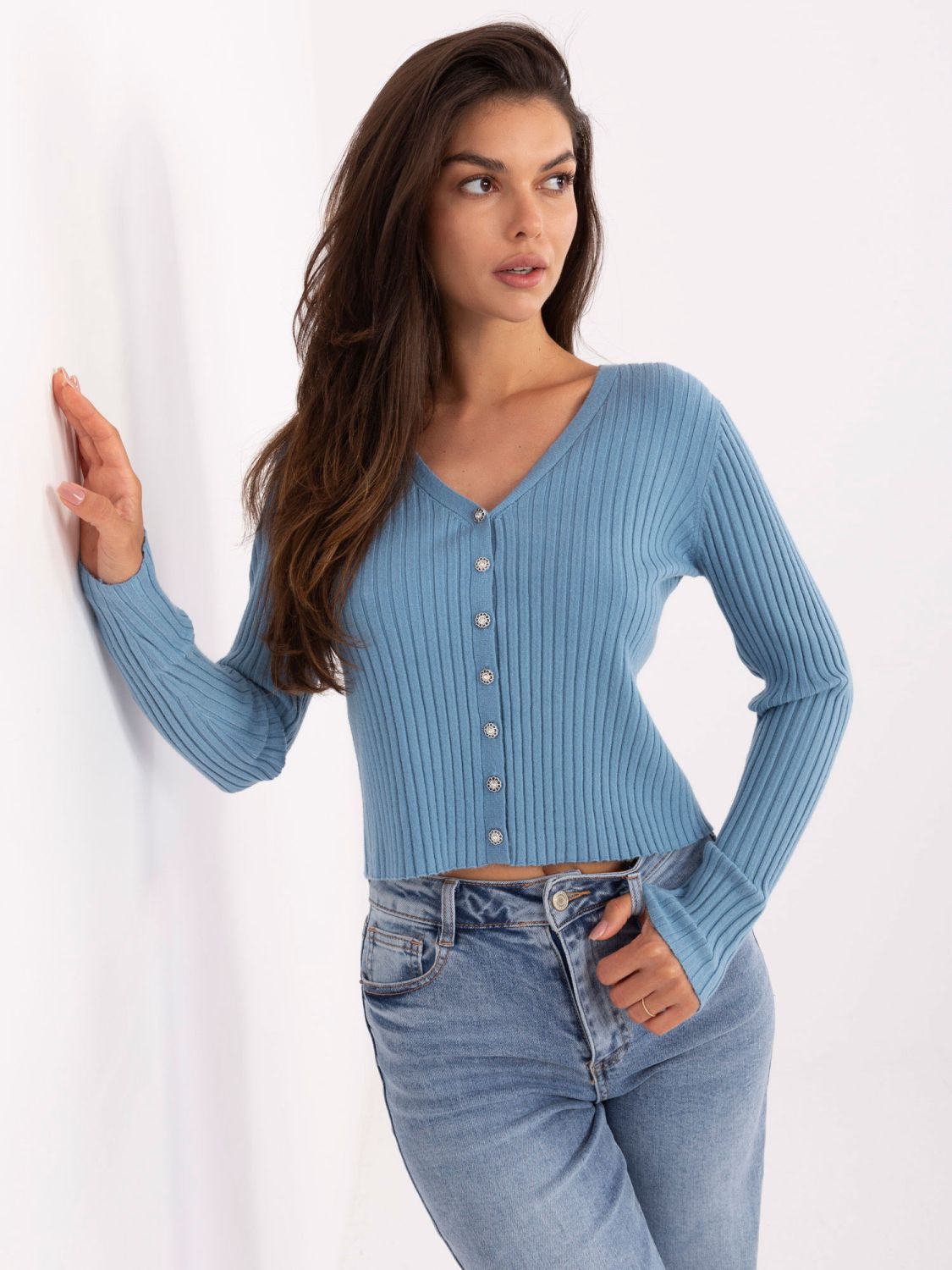 Eleganter blauer Pullover mit V-Ausschnitt