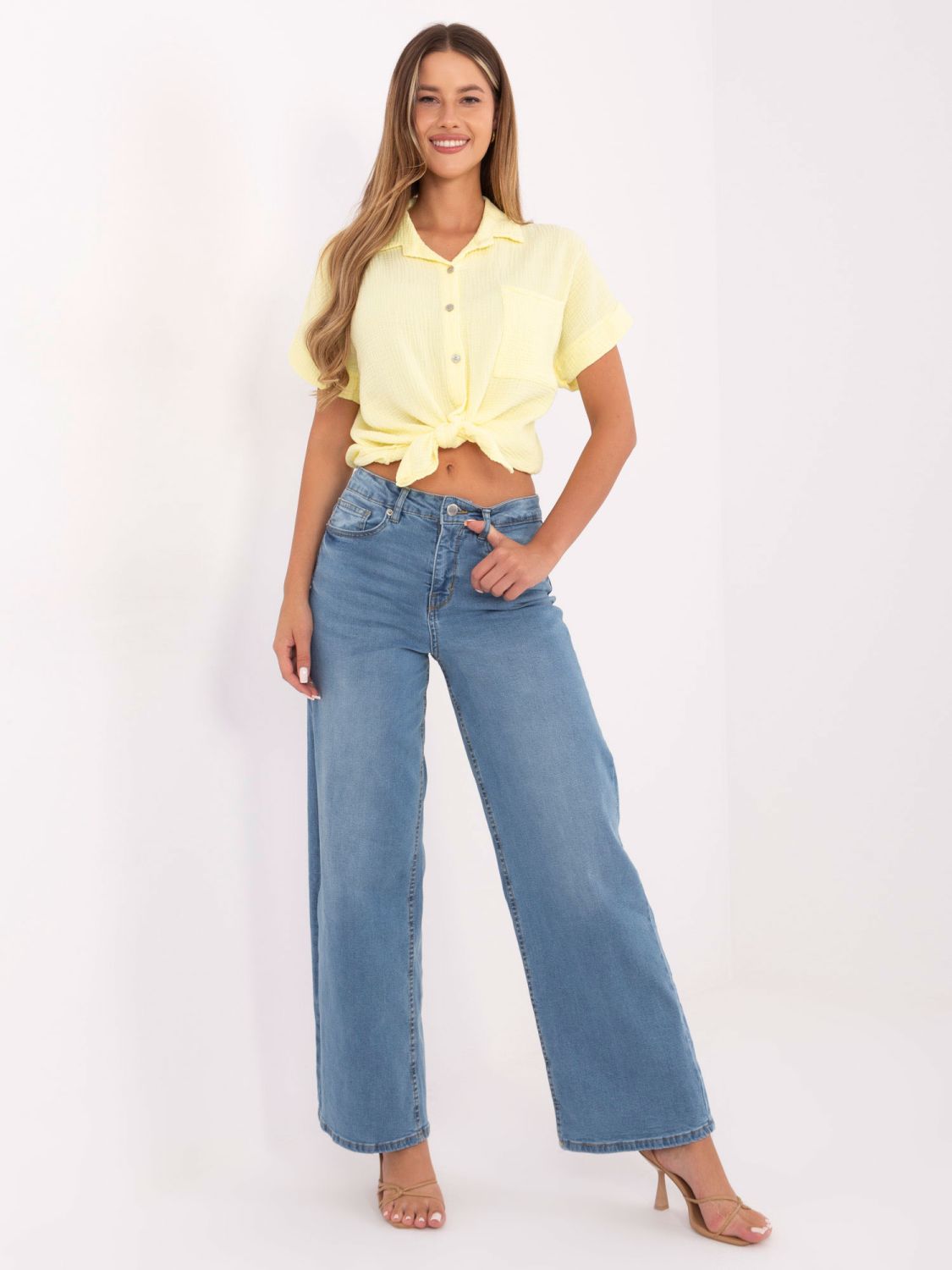 Damen-Jeans mit weitem Bein und hohem Bund, hellblau
