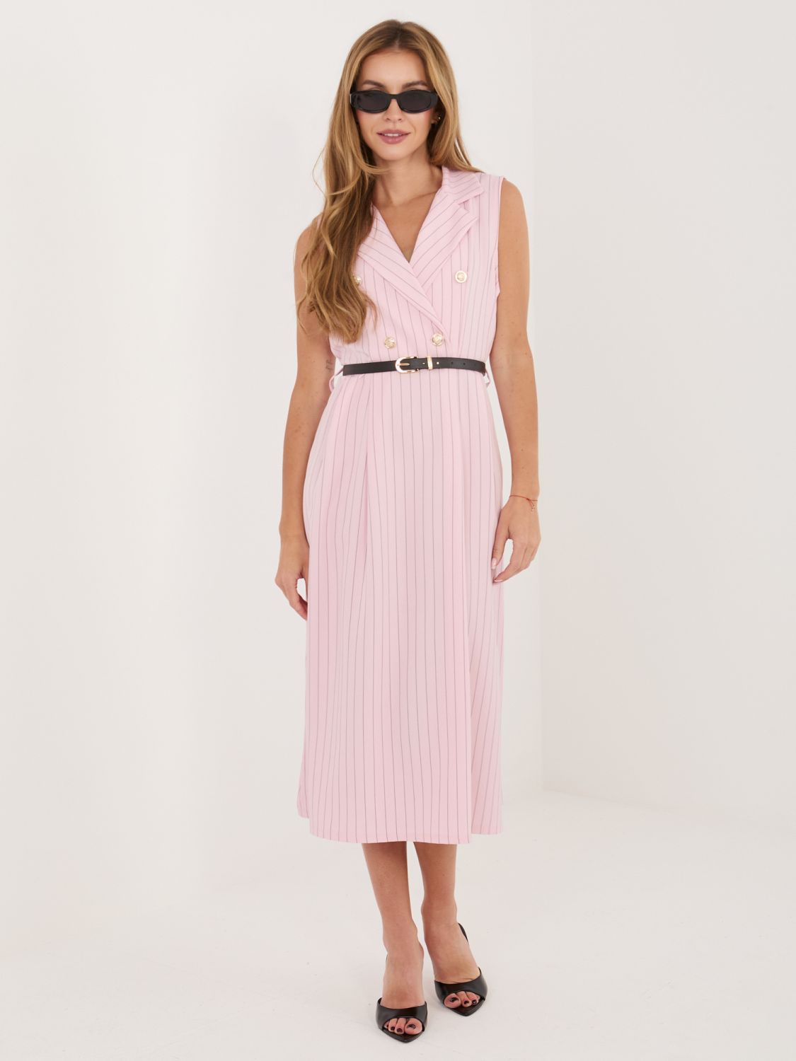 Elegantes rosafarbenes Midi-Kleid mit Gürtel und Kragen