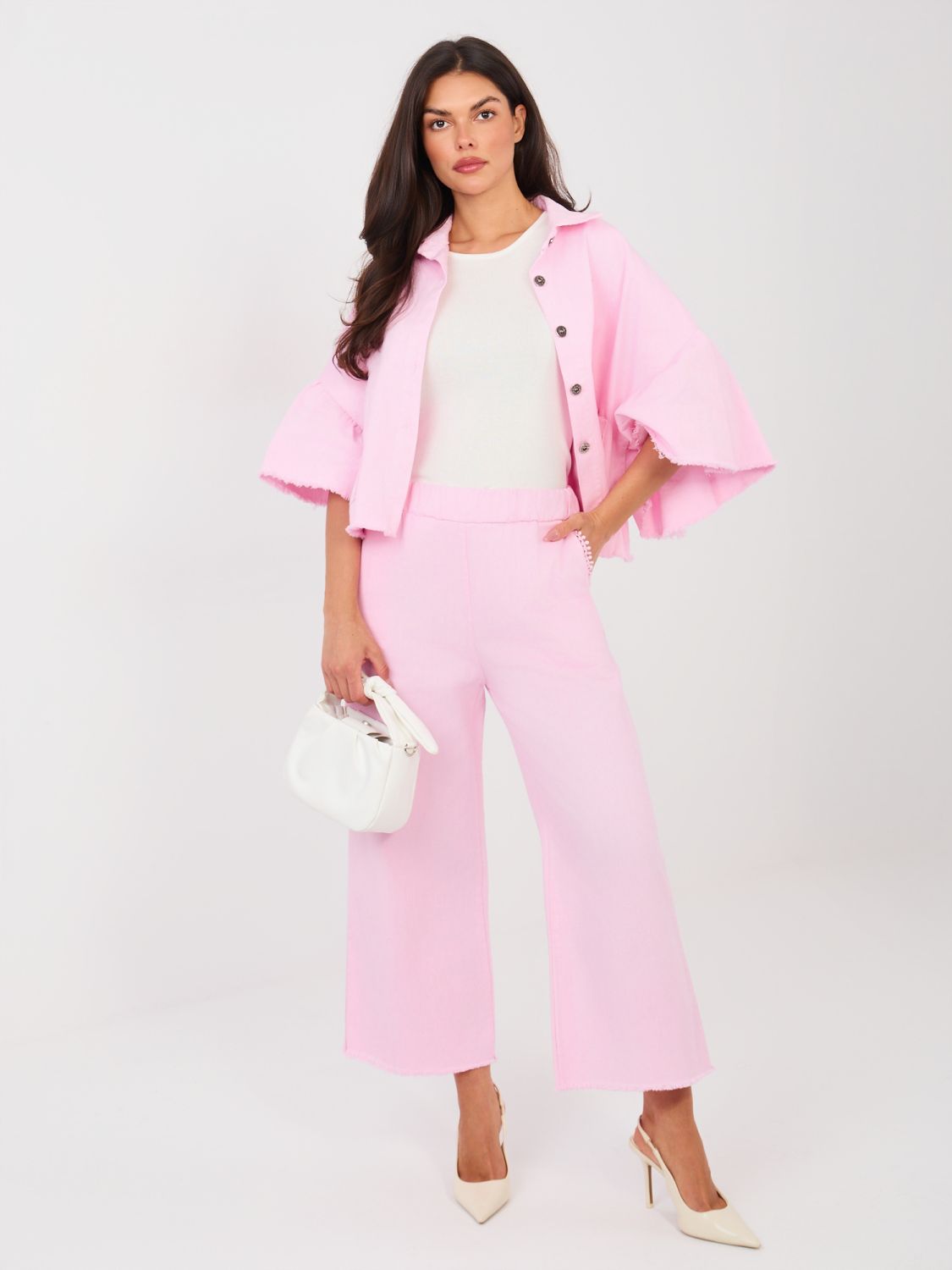 Kurze rosa Jeansjacke mit Volant