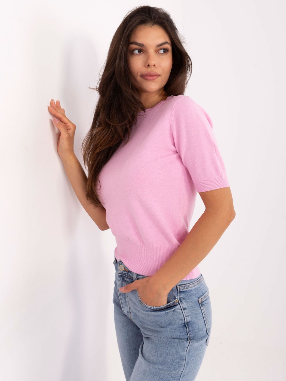 Pullover in hellrosa mit kurzen Ärmeln