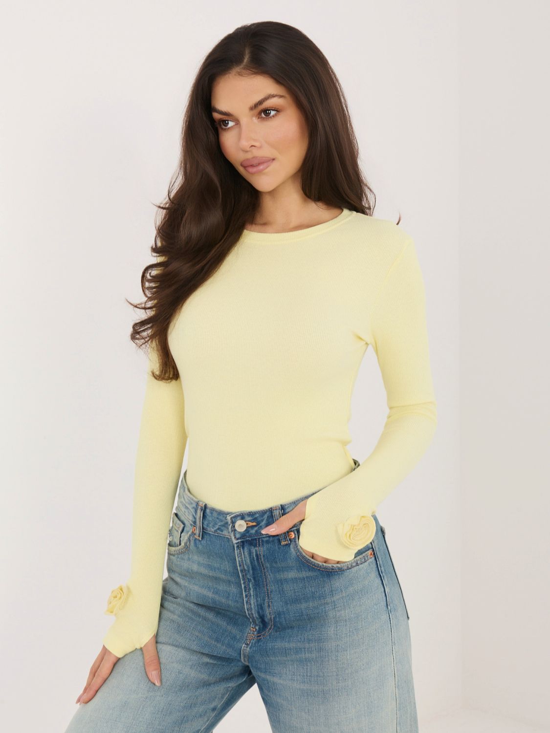 Gelbe, gerippte Bluse mit langen Ärmeln