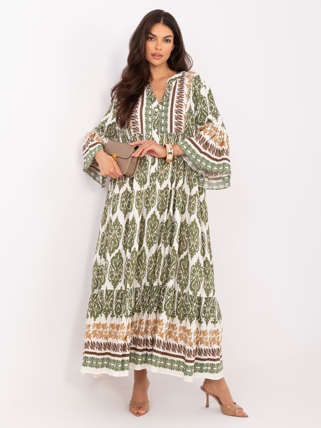 Khaki Maxi-Kleid mit Print und 3/4-Ärmeln