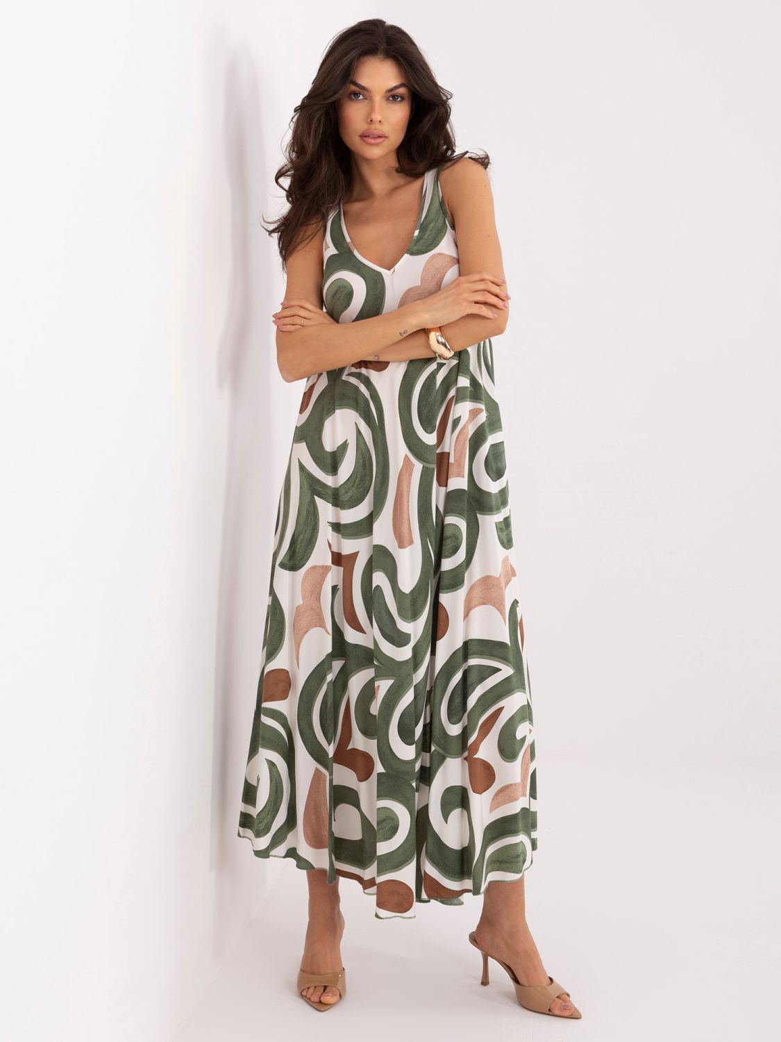 Maxikleid mit V-Ausschnitt und Print, khaki