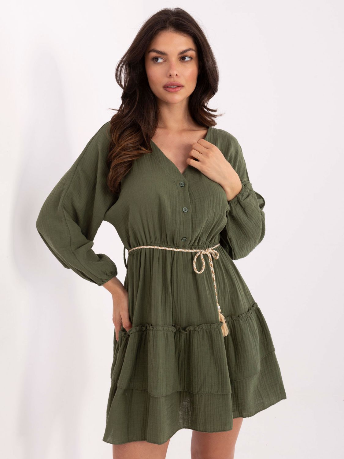 Khaki ausgestellte Kleid mit langen Ärmeln