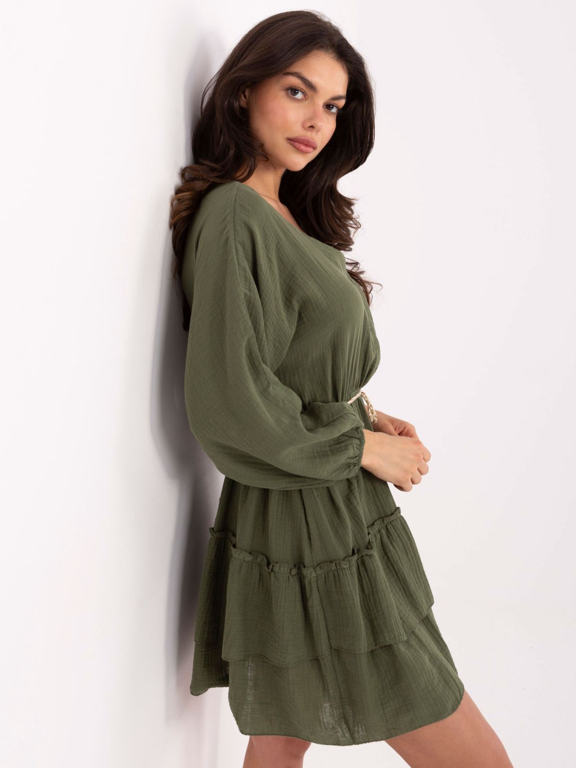 Khaki ausgestellte Kleid mit langen Ärmeln