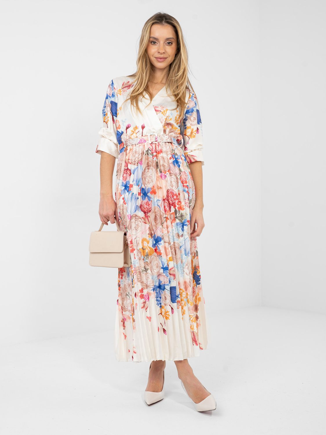 Ecru Maxi-Kleid mit Blumenmuster und Gürtel