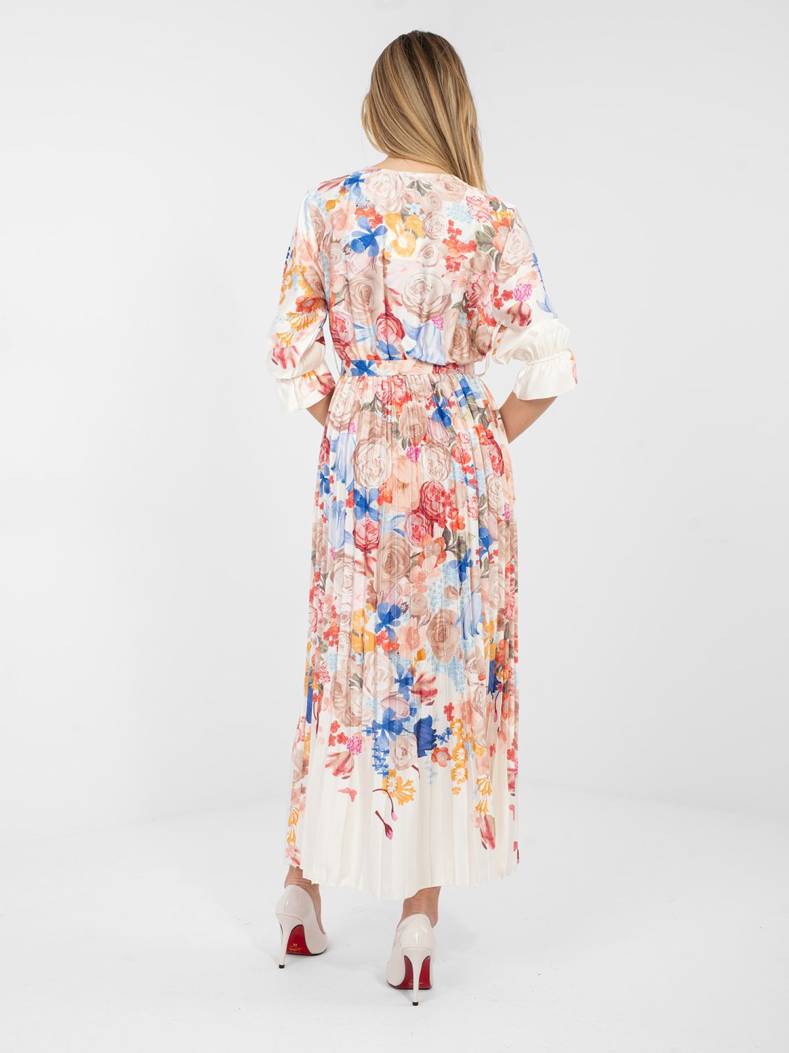 Ecru Maxi-Kleid mit Blumenmuster und Gürtel