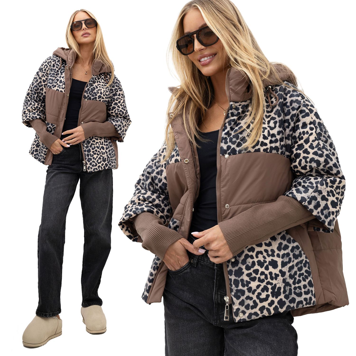 Braune Steppjacke mit Animal-Print und Kapuze