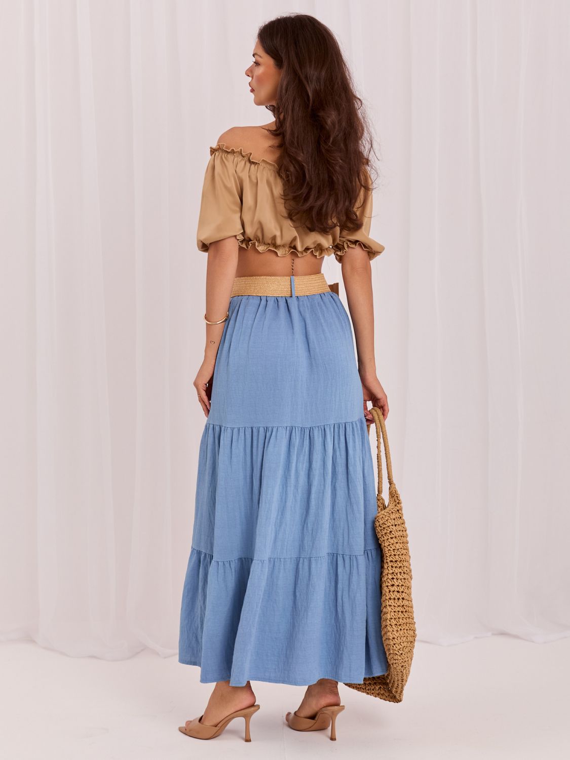 Maxi-Boho-Rock mit Gürtel und Volant, blau