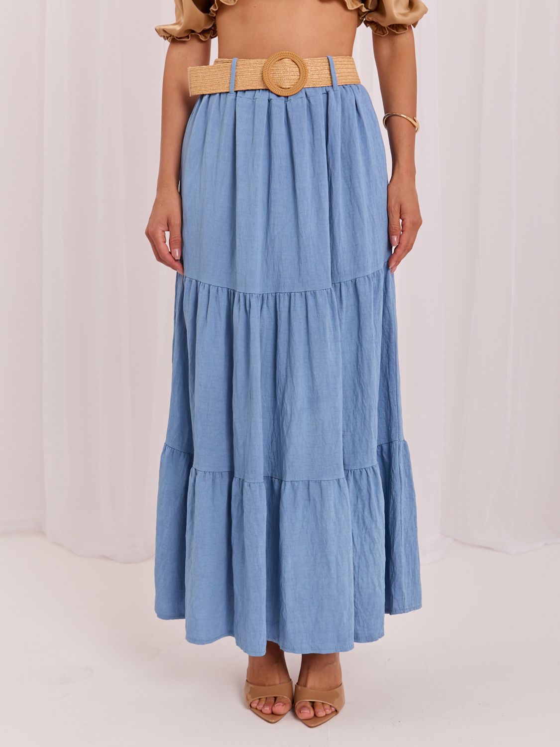 Maxi-Boho-Rock mit Gürtel und Volant, blau