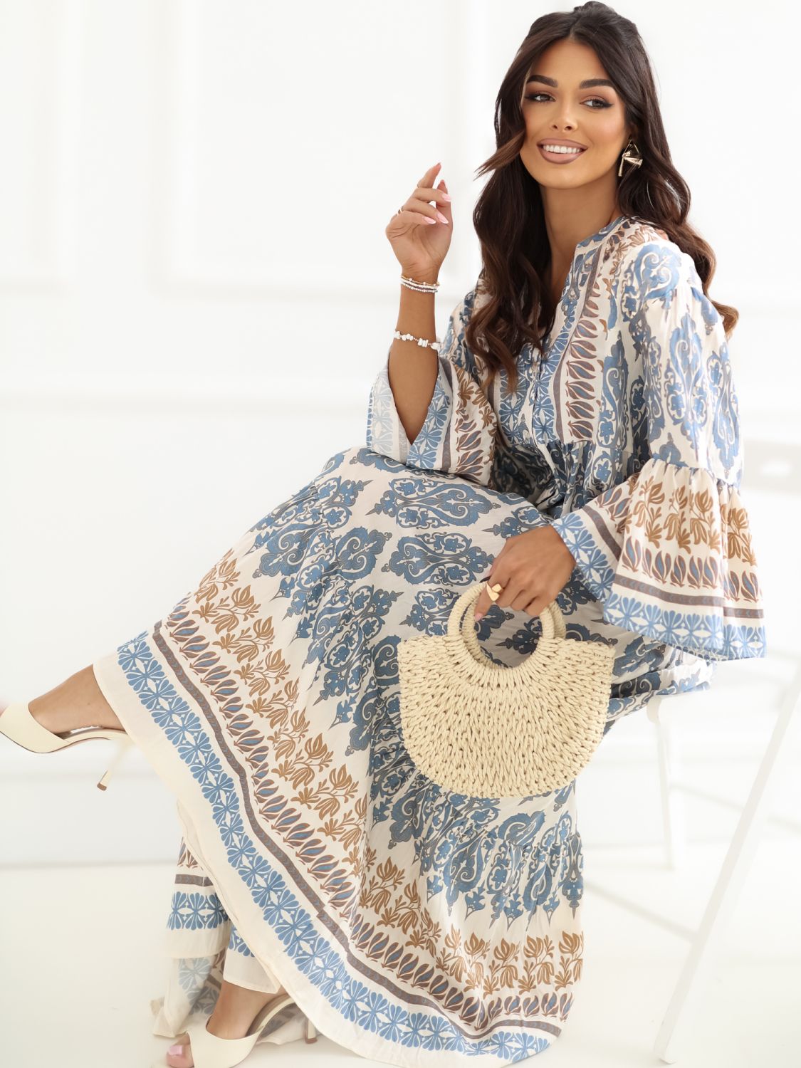 Blaues Maxi-Kleid mit Print und 3/4-Ärmeln