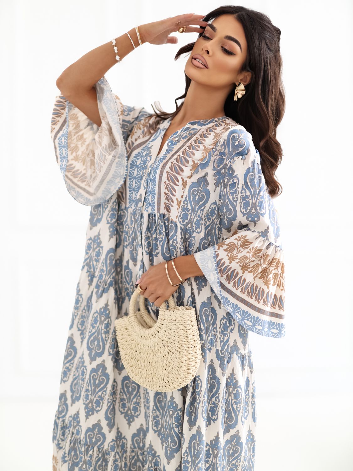 Blaues Maxi-Kleid mit Print und 3/4-Ärmeln