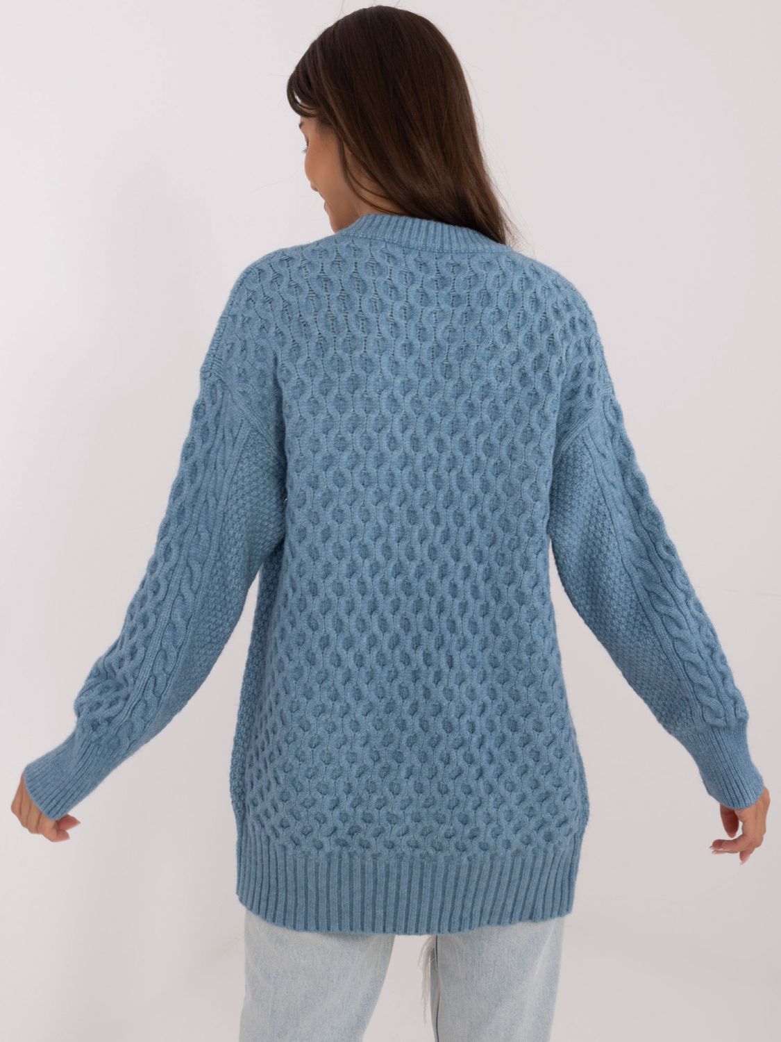 Langer blauer Strickcardigan mit Knöpfen und Strukturmuster