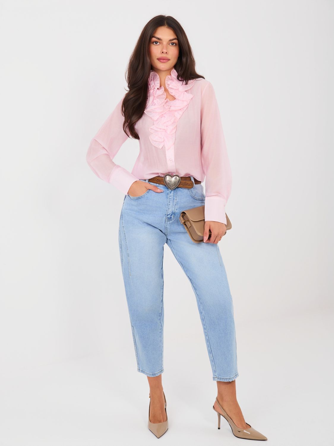 Damen-Mom-Jeans mit hohem Bund und Gürtel, blau