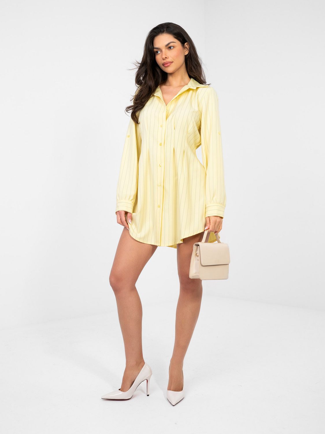 Gelbes Hemdblusenkleid mit Streifen und Kragen, Mini