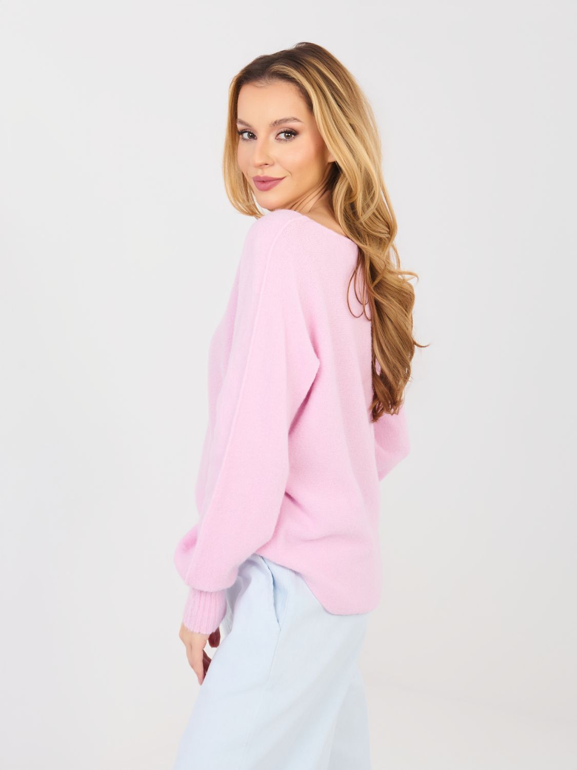 Rosa Strickpullover mit V-Ausschnitt