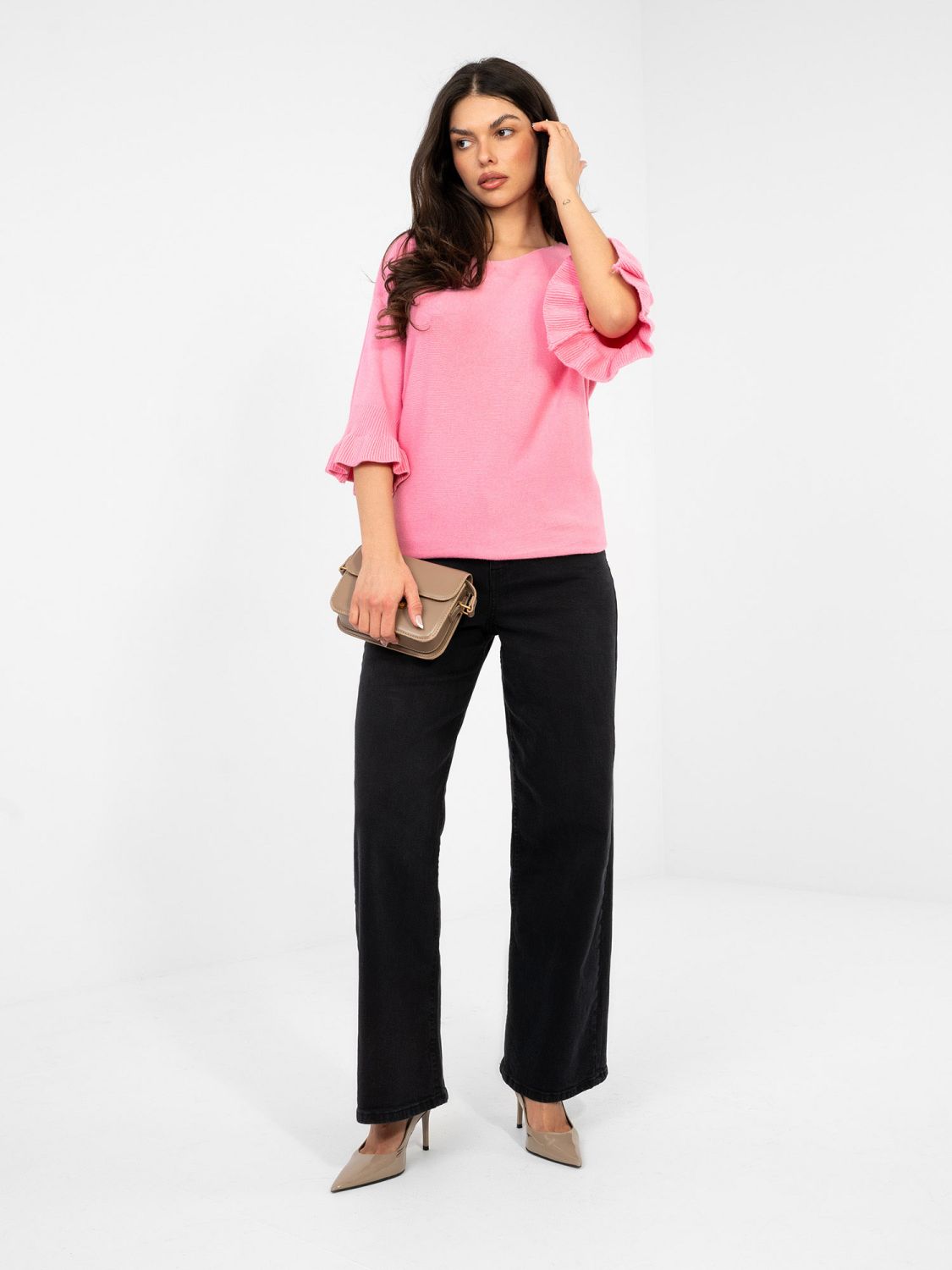 Eleganter rosa Pullover mit 3/4-Ärmeln und Volant