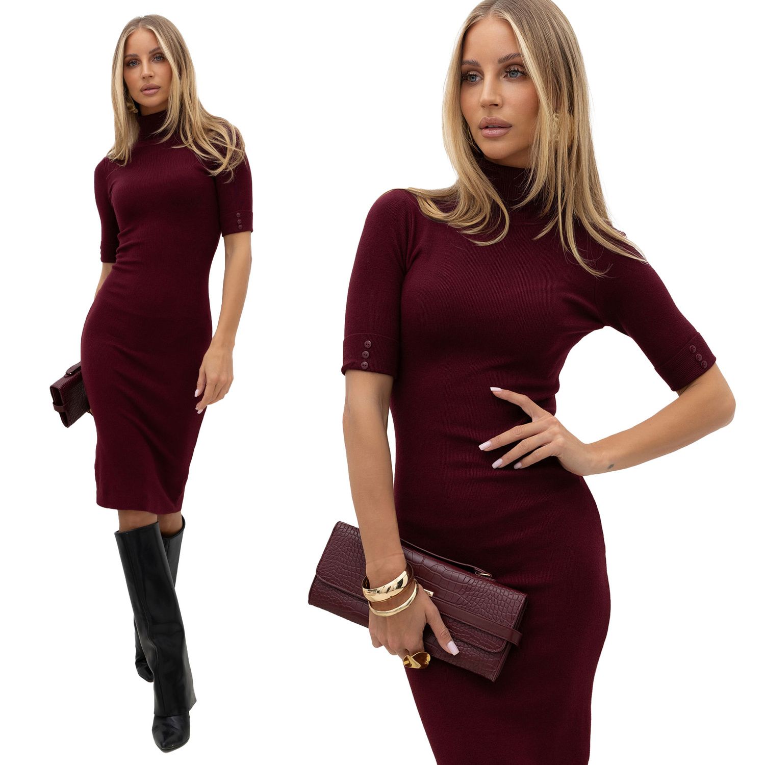 Bordeauxfarbenes Strickkleid mit Rollkragen und Knöpfen