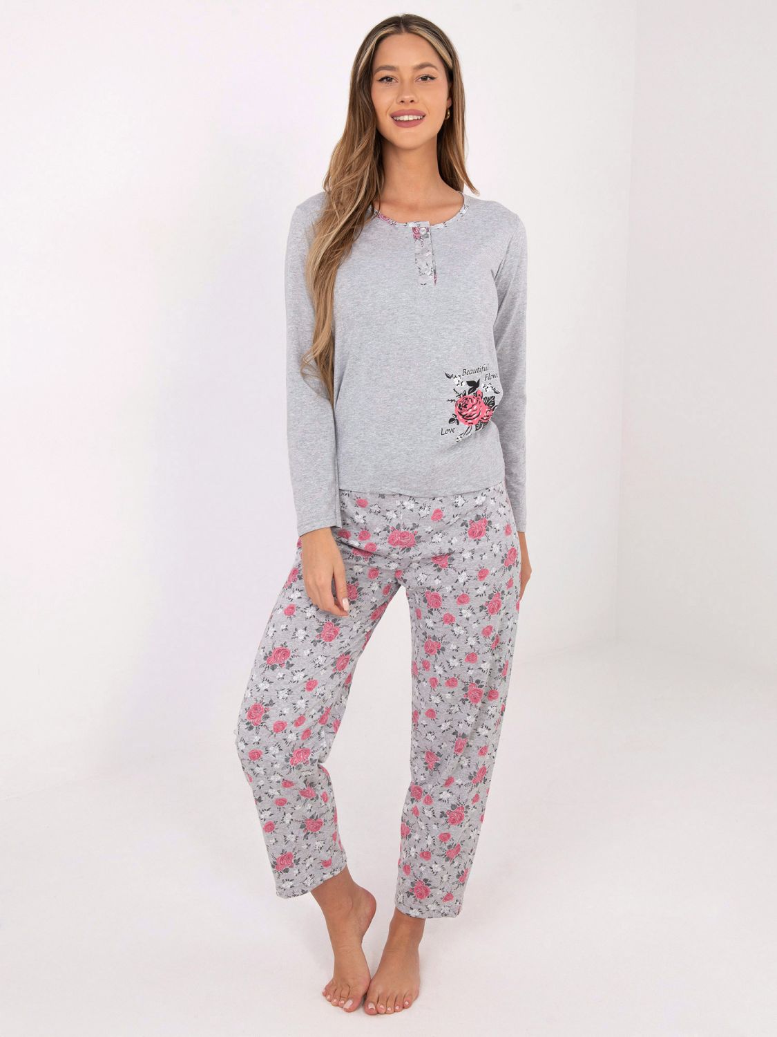 Damen Baumwoll-Pyjama mit Blumenmuster, grau
