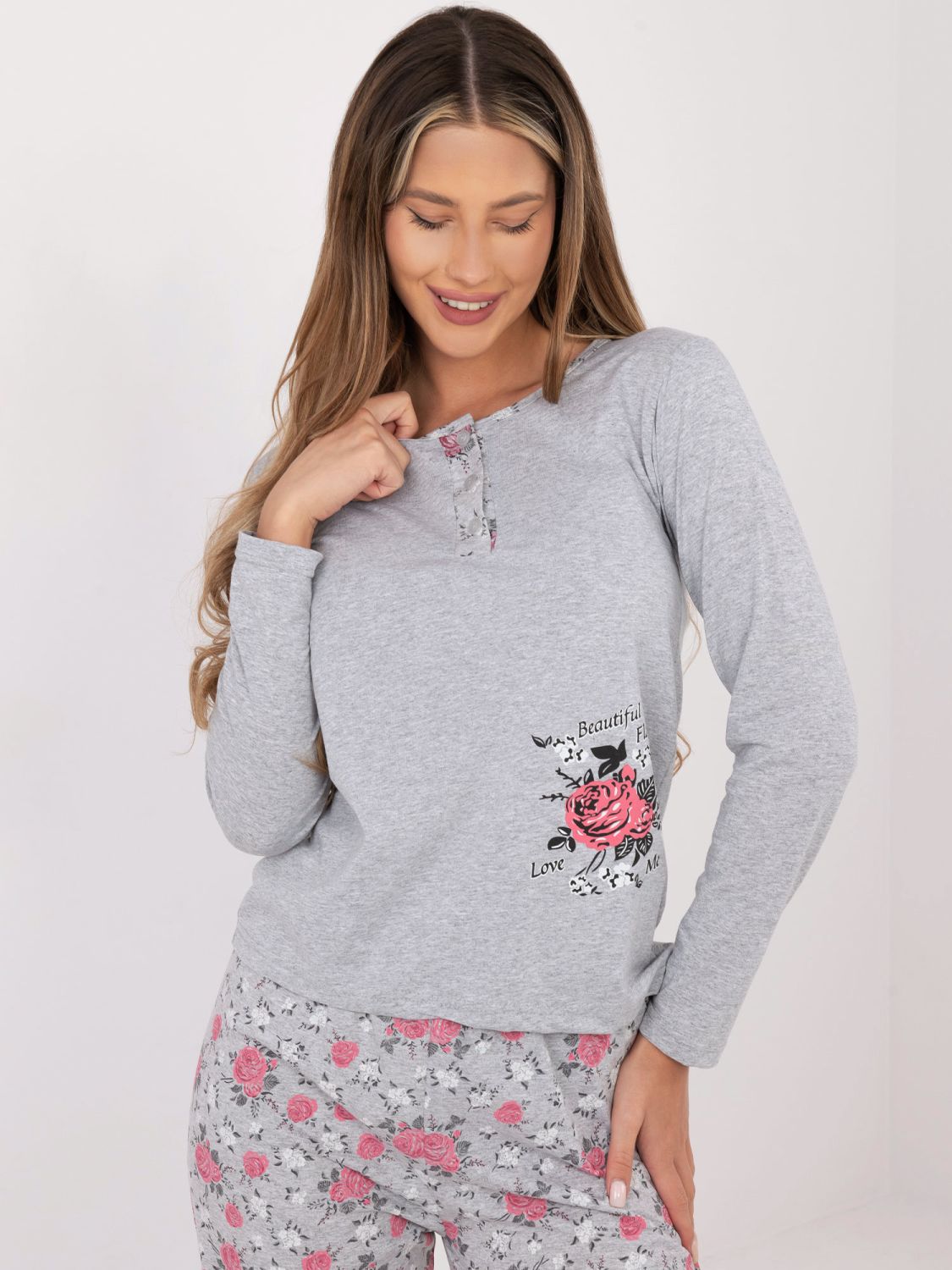 Damen Baumwoll-Pyjama mit Blumenmuster, grau