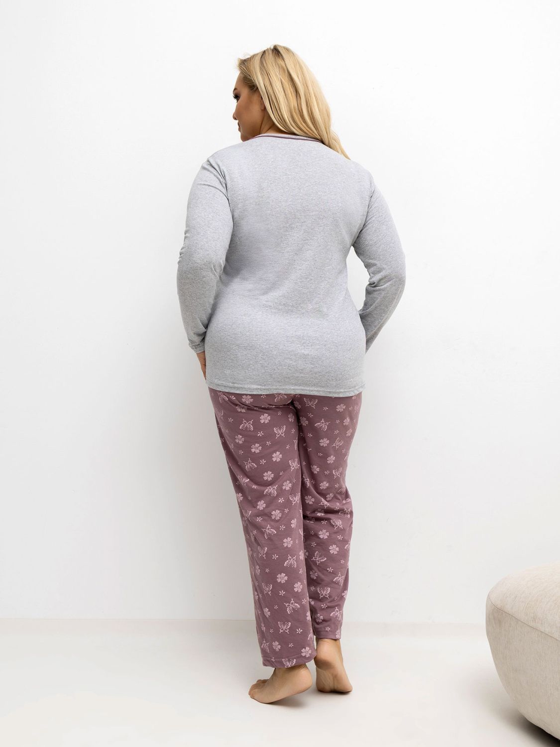 Damen Schlafanzug grau mit Blumenmuster