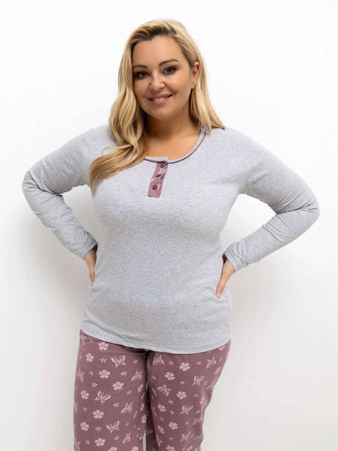 Damen Schlafanzug grau mit Blumenmuster