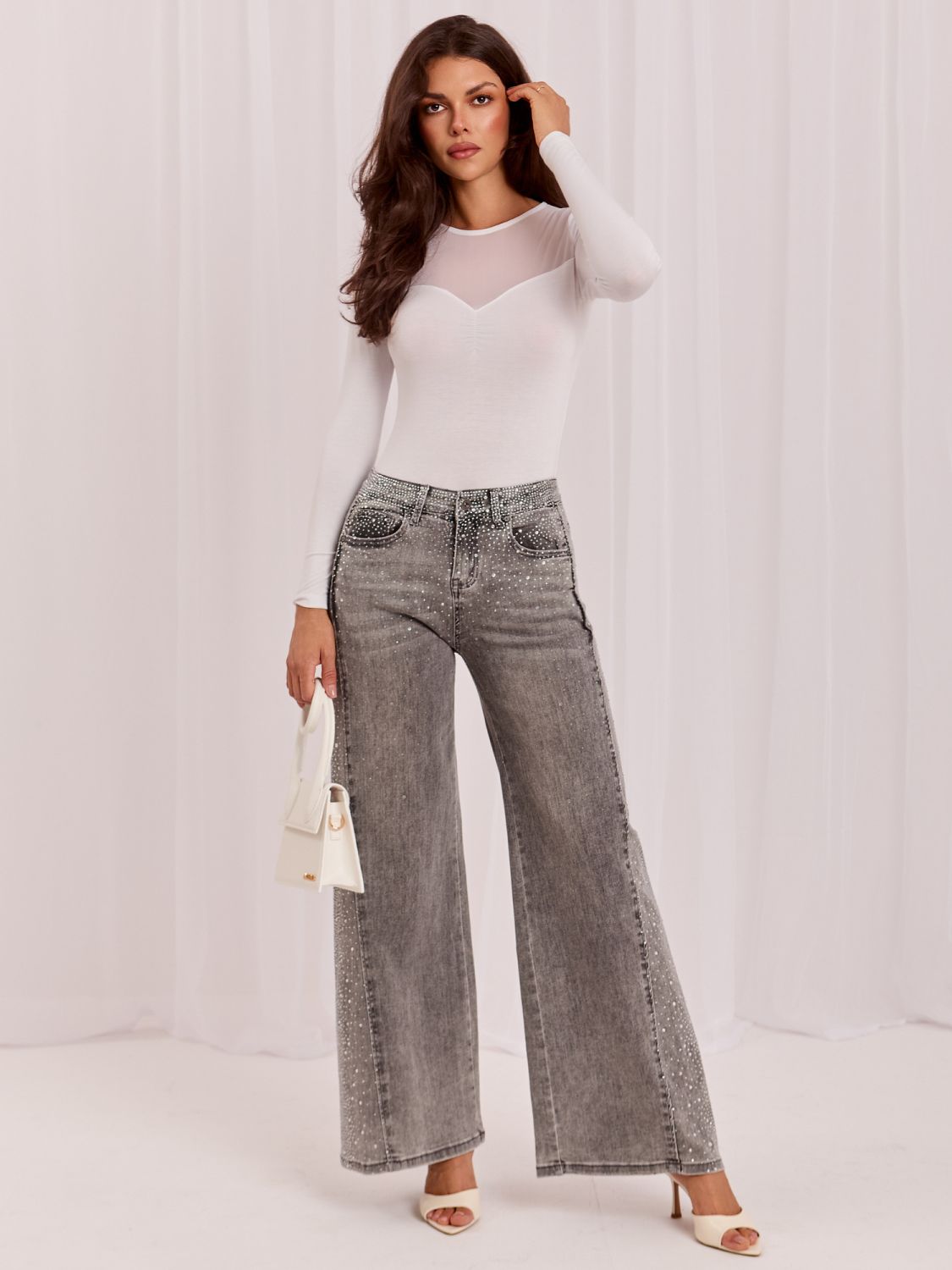 Graue Wide-Leg-Jeans mit hohem Bund