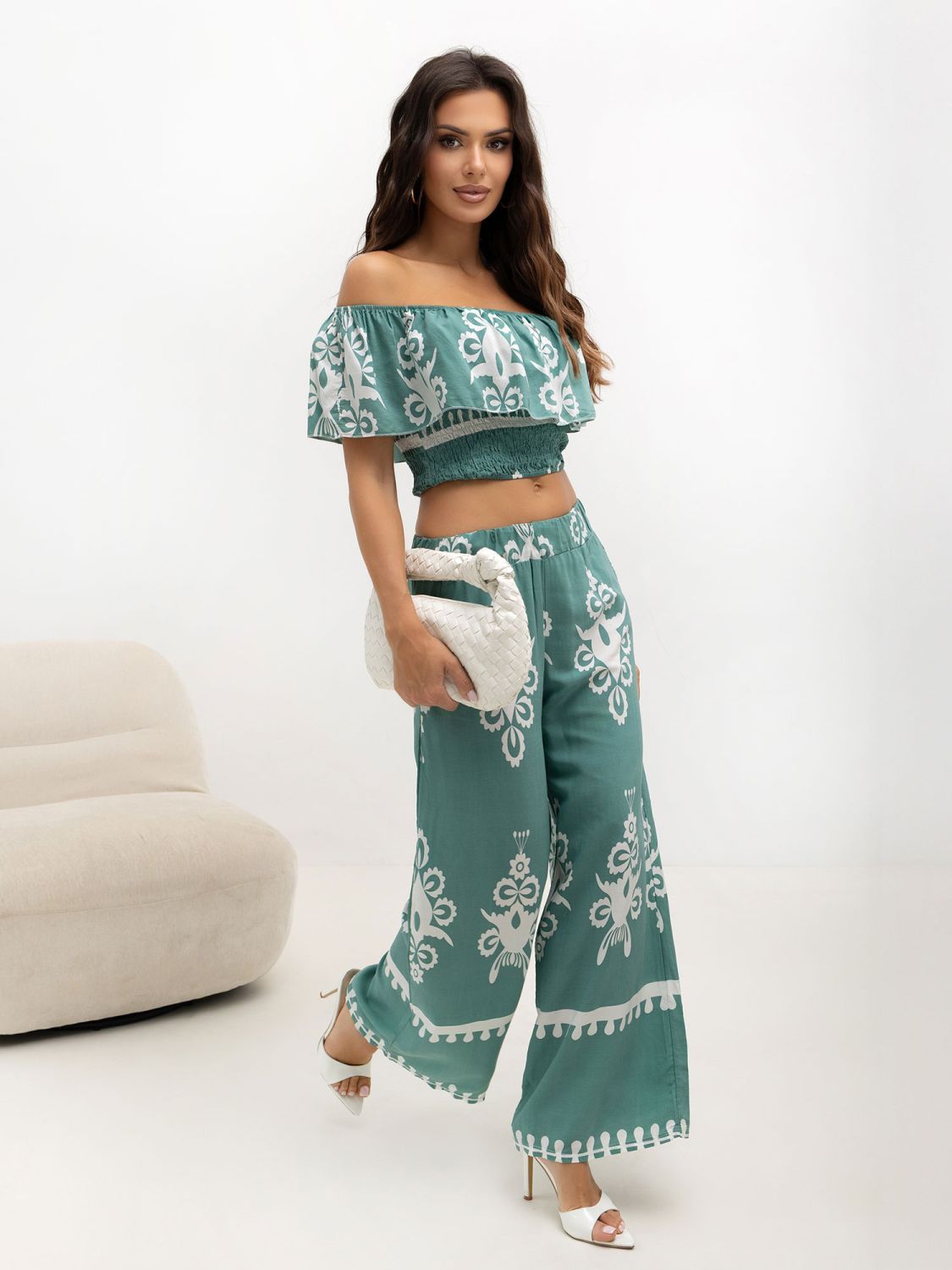 Boho-Set mit Bluse und Hose in Türkis