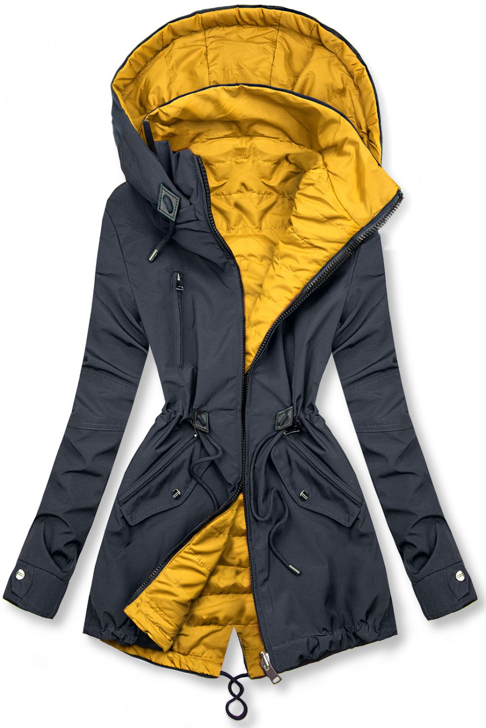 Beidseitig tragbare Frühlings-Wendeparka dunkelblau/gelb