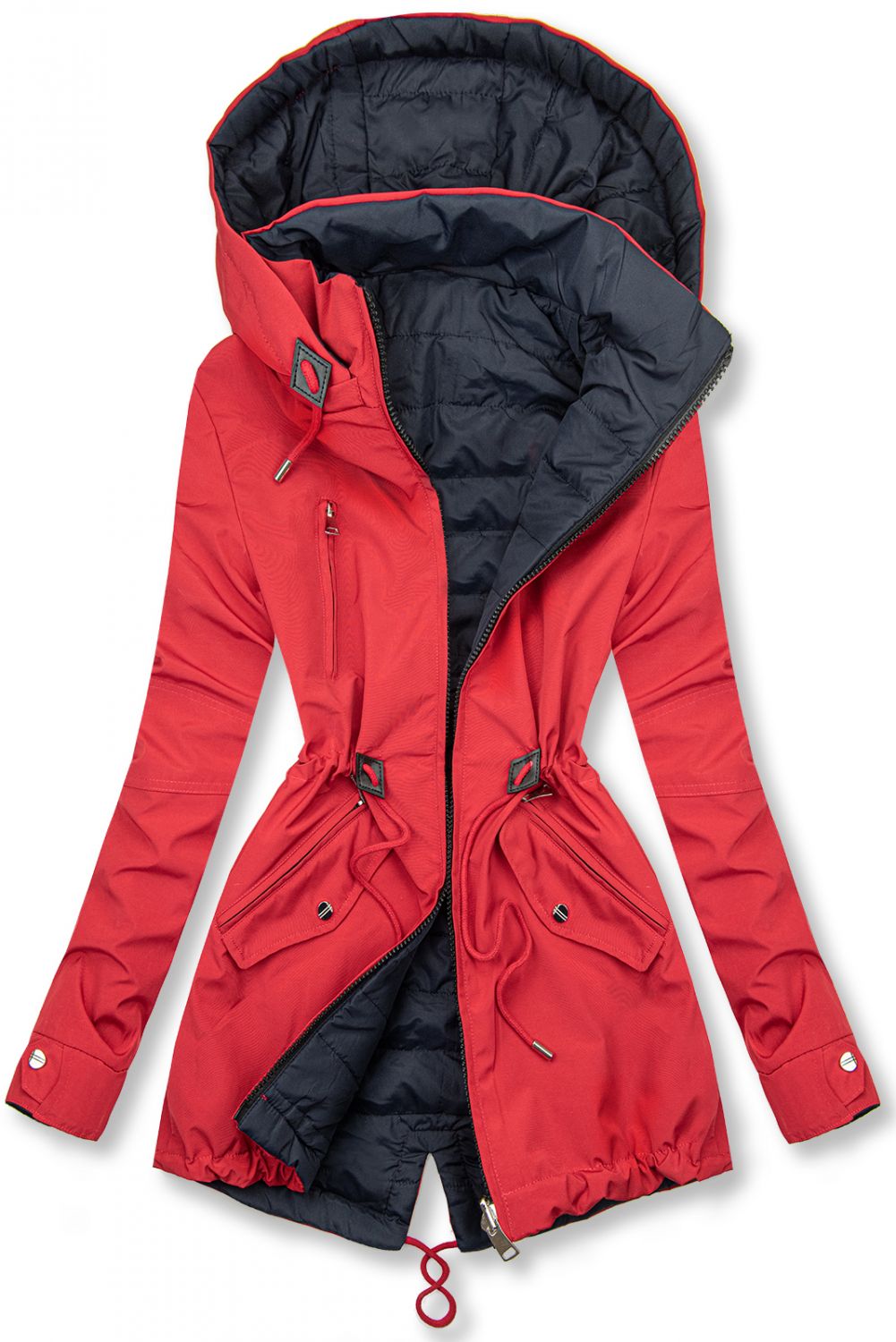 Beidseitig tragbare Frühlings-Wendeparka rot/dunkelblau