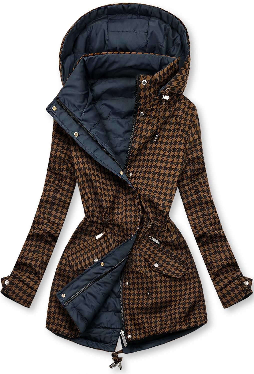 Parka mit Hahnentrittmuster braun/blau