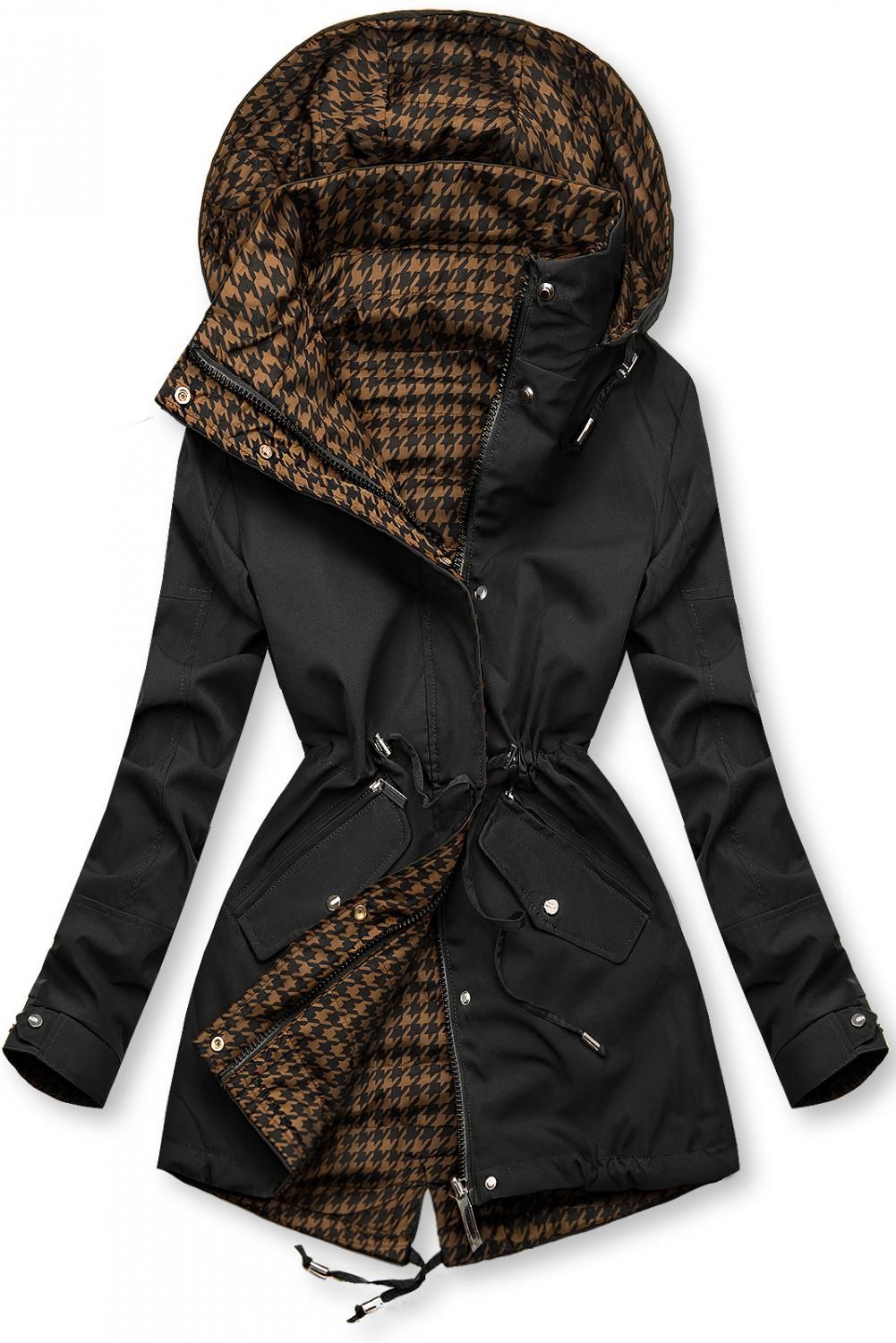Leichter Parka mit Kapuze Schwarz/Braun Hahnentrittmuster