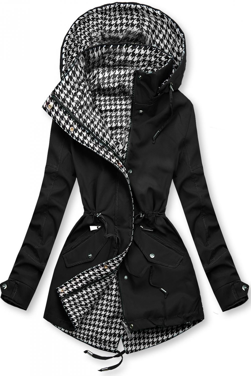 Leichter Parka mit Kapuze Schwarz/Hahnentrittmuster